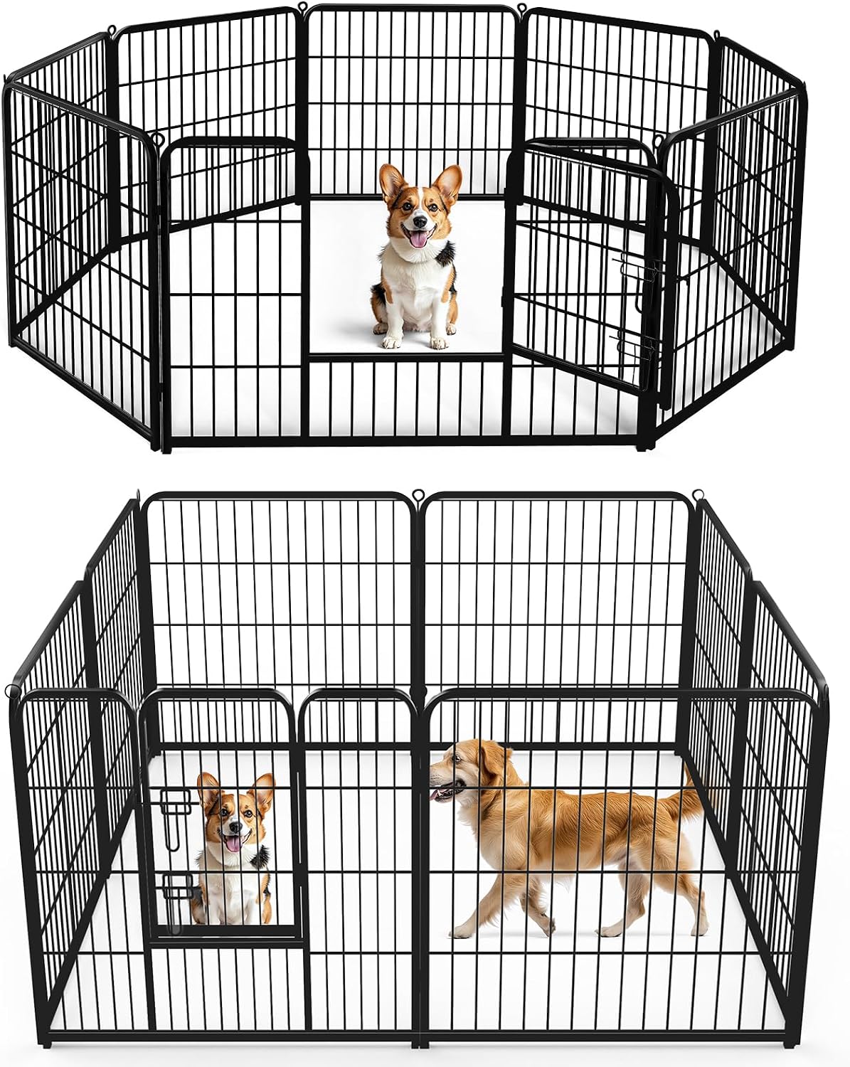 Outdoor Camping Dog Fence - 32インチメタルドッグプレイペン、8パネル折りたたみ式ペットフェンス（ドア付き）、屋内/屋外用、小型犬、中型犬、大型犬、子犬、猫、RVキャンプ用ポータブルエクササイズペン