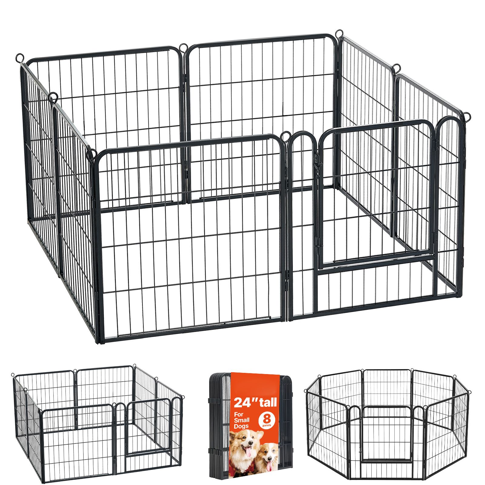 Outdoor Camping Dog Kennel - 犬用プレイペン 24インチ 8パネル 折りたたみ式金属製エクササイズペン ペットフェンス、屋内/屋外用頑丈な子犬用クレートケージ、犬、猫、小型動物用ドア付き、RVキャンプや庭での使用に便利、ポータブル、ブラック