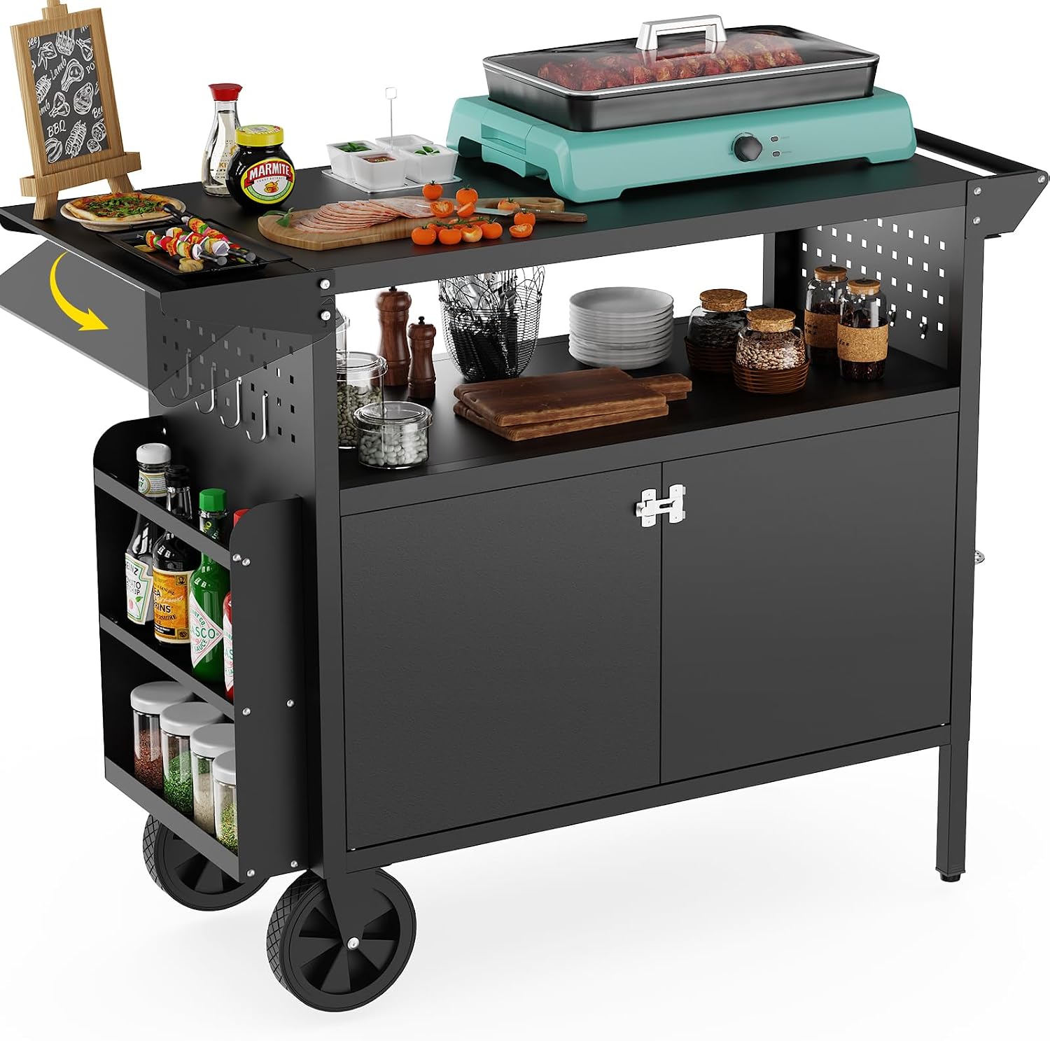 Kitchen Outdoor Camping - 屋外グリルカートテーブル、収納付きキッチンアイランド、ホイール付き折りたたみ式テーブルトップ、バーベキュー用食品準備ステーション、頑丈な金属グリドルカウンタートップ、パティオやキャンプ用