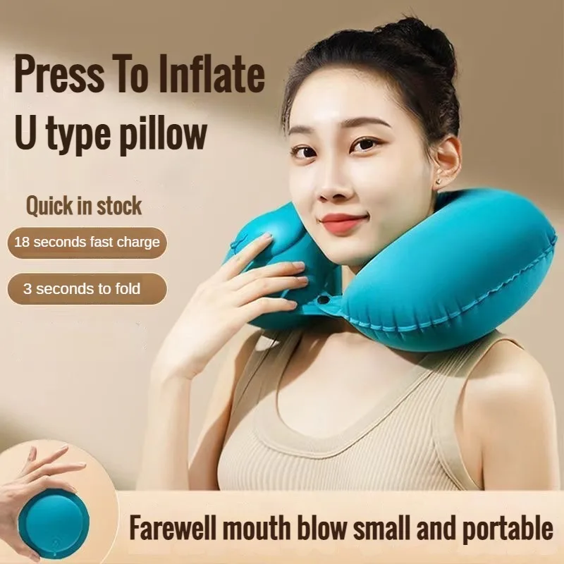 Camp Pillow Compressible - 車用ポータブル首保護U字型圧縮インフレータブル枕、屋外昼寝、キャンプ、旅行植毛PVC飛行機枕