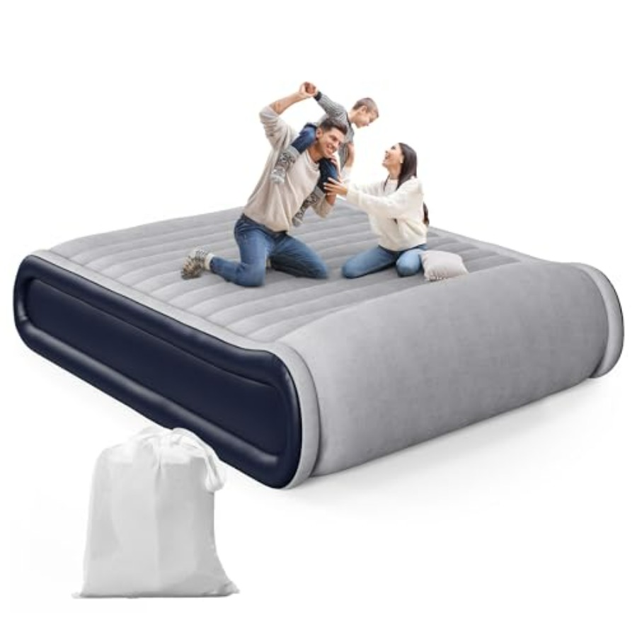 Camp Pillow Compressible - クイーンエアマットレス、内蔵ポンプ付き、キャンプ/家庭用、グレーPVC素材、高さ17インチ、3分で急速膨張/収縮