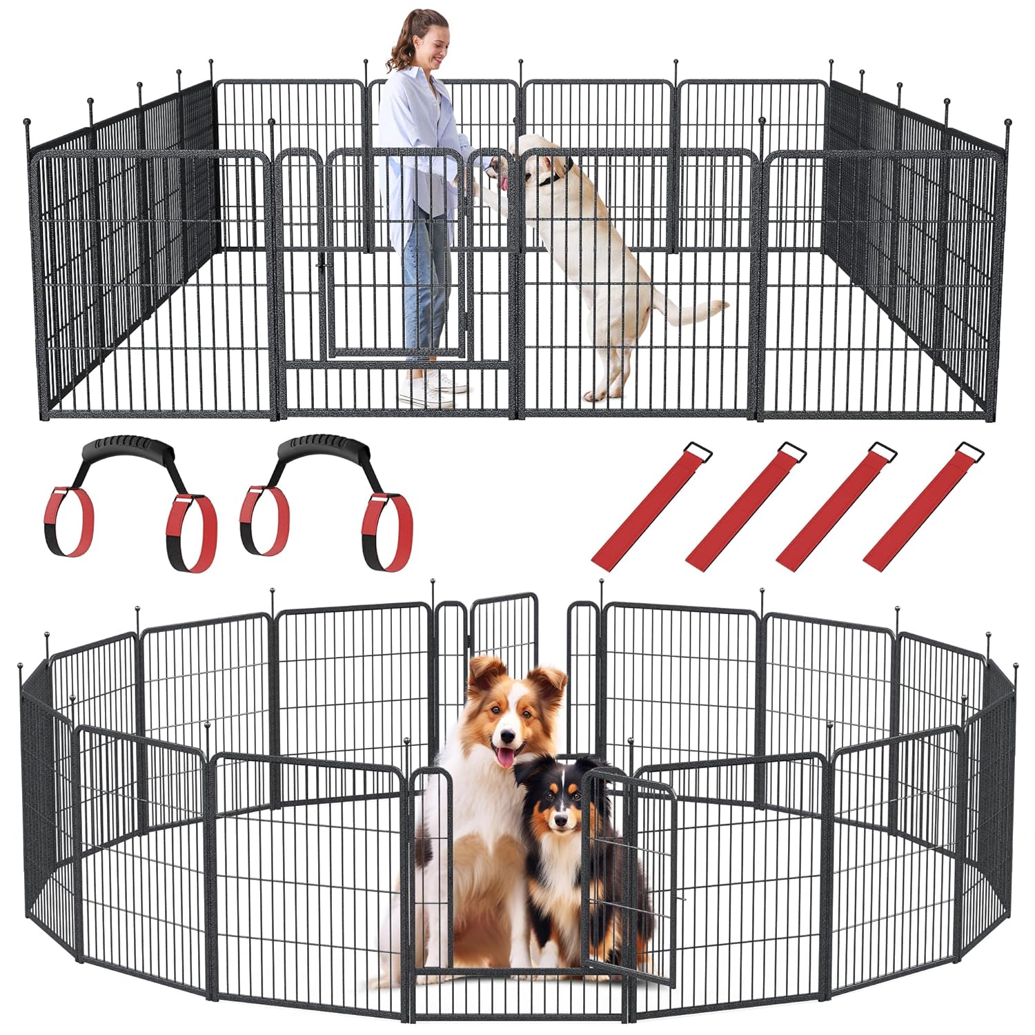 Outdoor Camping Dog Fence - 16枚パネル、高さ32インチの犬用プレイペン、屋内外用エクササイズフェンス、扉付き、大型犬・中型犬・小型犬用、庭、RV、キャンプ用、カスタム可能