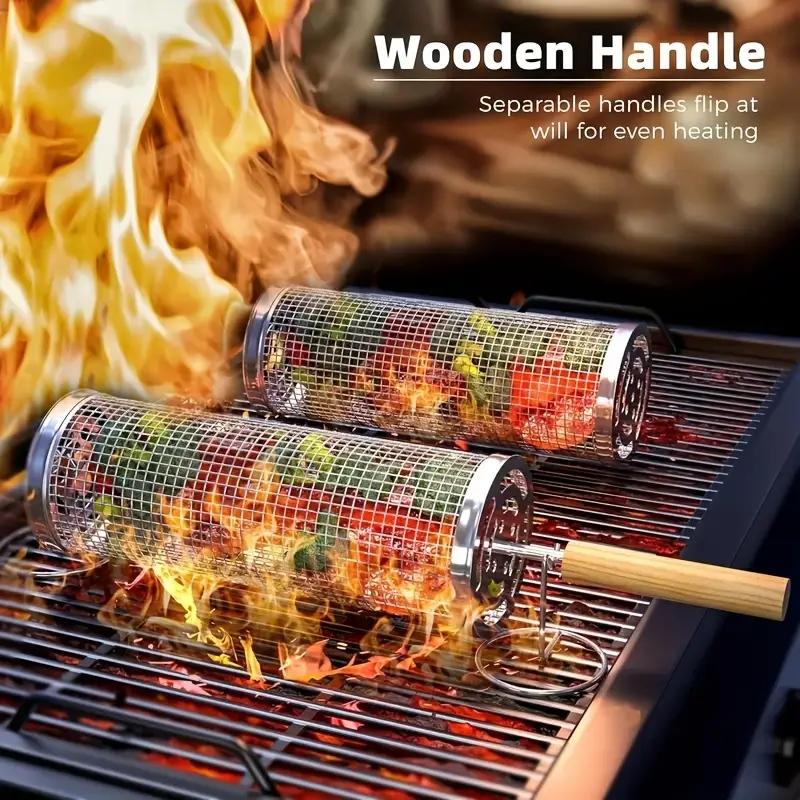 Outdoor Camping Bbq - ステンレス製BBQグリルバスケット、丸型回転シリンダーケージ、肉・野菜・魚用ワイヤーメッシュ回転ラック、屋外キャンプピクニック用
