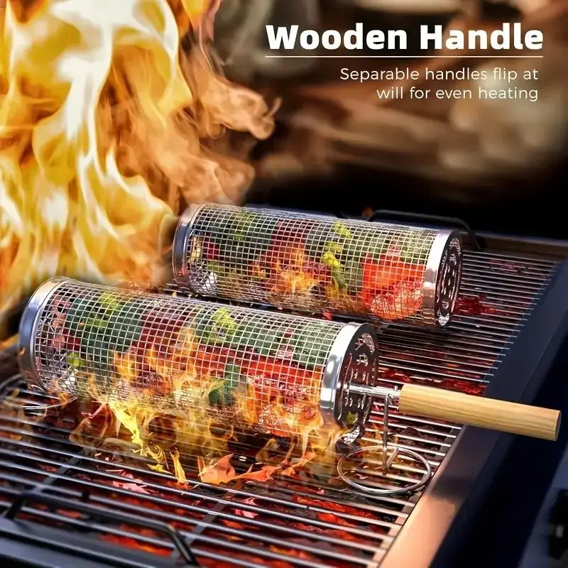 Outdoor Camping Bbq - ステンレス製BBQグリルバスケット、丸型回転シリンダーケージ、肉・野菜・魚用ワイヤーメッシュ回転ラック、屋外キャンプピクニック用