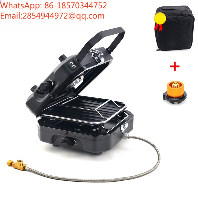 Outdoor Camping Gas Stove - デュアルバーナー式ポータブル折りたたみガスストーブ ステンレス製一体型キャンプ用ガスコンロ アウトドアピクニック用