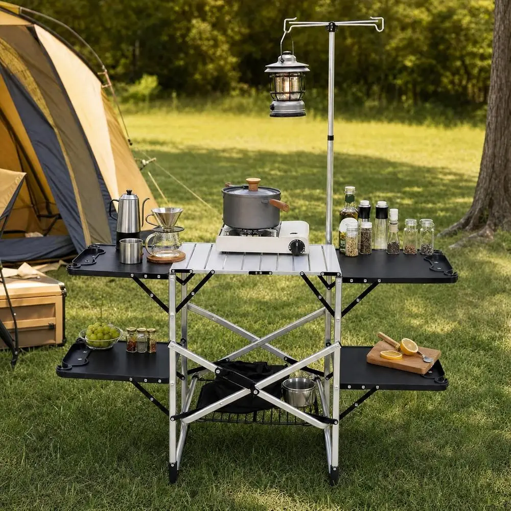 耐熱トップ、4つのサイドテーブル、収納、ランプポスト付きのポ - Kitchen Outdoor Camping のレビューと価格
