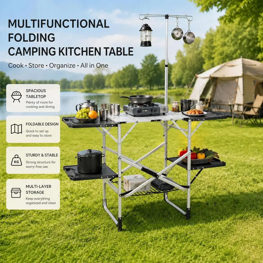 耐熱トップ、4つのサイドテーブル、収納、ランプポスト付きのポ - Kitchen Outdoor Camping のレビューと価格