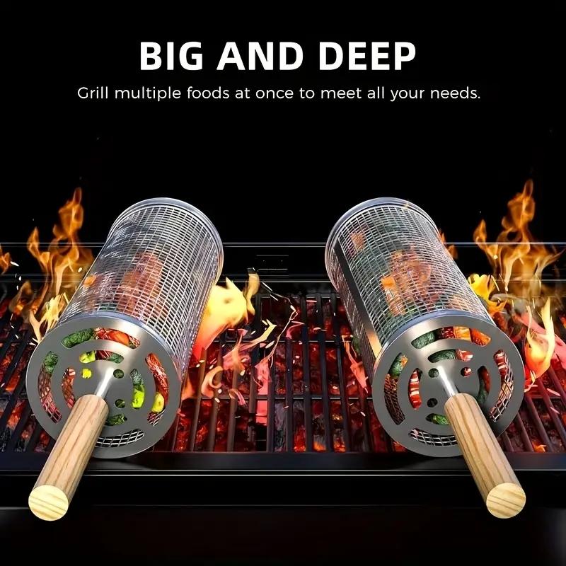 ステンレス製BBQグリルバスケット、丸型回転シリンダーケージ - Outdoor Camping Bbq のレビューと価格