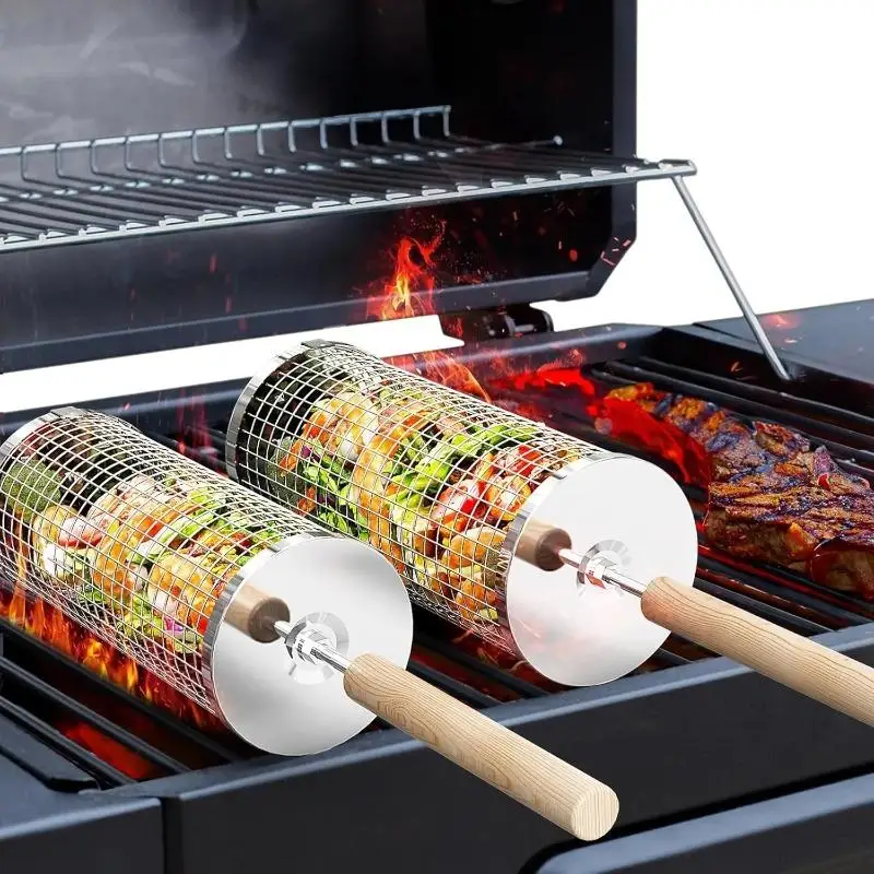 ステンレス製BBQグリルバスケット、丸型回転シリンダーケージ - Outdoor Camping Bbq のレビューと価格