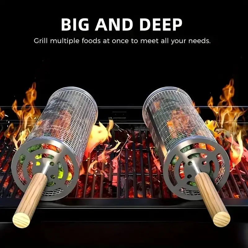 ステンレス製BBQグリルバスケット、丸型回転シリンダーケージ - Outdoor Camping Bbq のレビューと価格