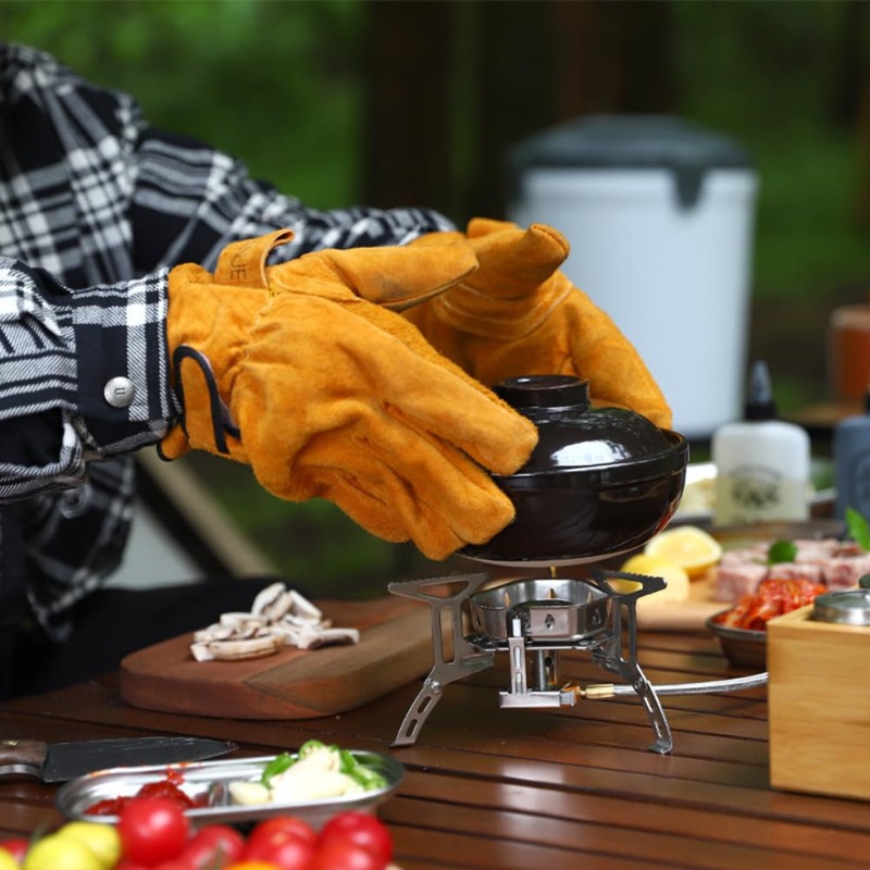 屋外BBQグリル用耐熱・難燃性グローブ 牛革製高温耐性溶接グ - Outdoor Camping Bbq のレビューと価格